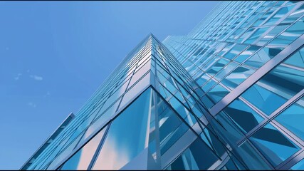 Modern skyscraper rises against bright blue sky in urban landscape