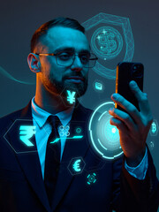 Businessman in suit checking phone with floating global currencies. Concept of summer currency...
