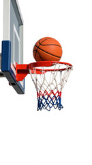 Basketball rests on rim of hoop, showcasing excitement of game. vibrant orange ball contrasts with white net and blue accents