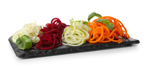 Different vegetable noodles with basil isolated on white. Vegetarian dish