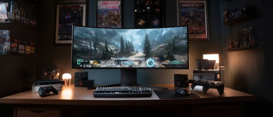 Immersive gaming setup featuring curved smart tv displaying fps game