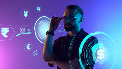 Man adjusting glasses with digital currency interface around on purple neon. Concept of summer...