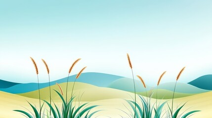 Obraz premium Serene Landscape with Grass and Hills - Tranquil of stylized grass and rolling hills under a clear sky. Perfect for nature, travel, or environmental themes