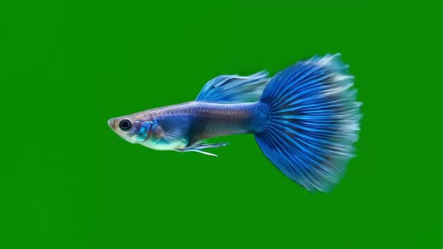 Blue guppy fish swimming against a green background