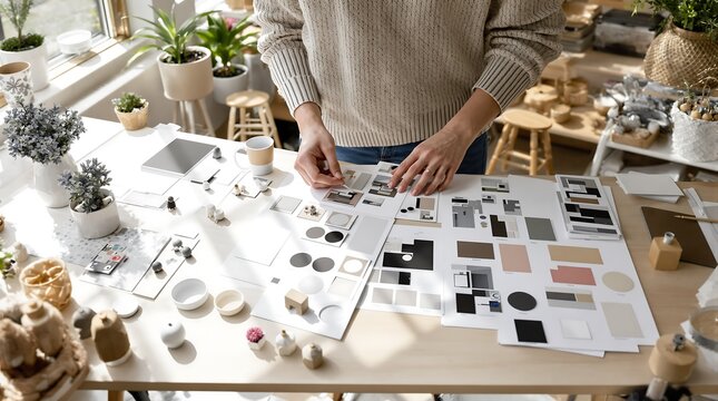 Designer's Hands Arranging Creative Mood Board Elements and Material Samples for Product Development in a Bright Studio