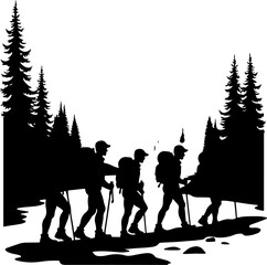 hiking, silhouette, group,  forest, pine trees, mountain vector bundle