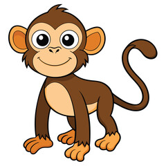 Smiling cartoon monkey stands playfully with a slightly curved tail on a white backdrop