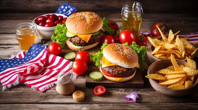 Celebrating Independence Day, July 4. Traditional American Memorial Day Patriotic Picnic with burgers, french fries and snacks, Summer USA picnic and bbq concept, Old wooden background