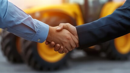 Successful Agricultural Partnership - Two people shake hands in front of a tractor, symbolizing a successful business deal or agreement in the agriculture industry