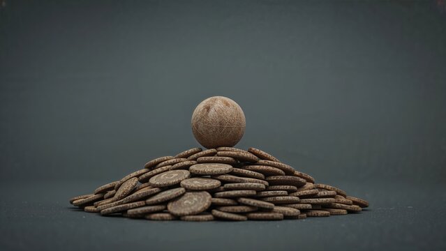 Lagori game with ball and stacked flat stones on a textured backdrop, selective focus