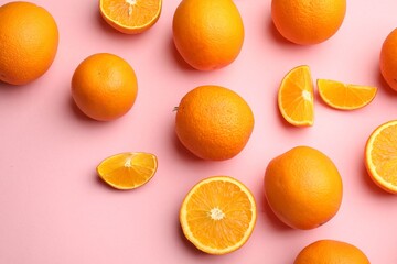 Fresh ripe oranges on pink background, flat lay