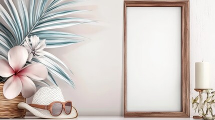 Summer Vacation Mockup - A stylish summer scene with a blank frame, tropical flowers, hat, and sunglasses. Perfect for travel or vacation branding