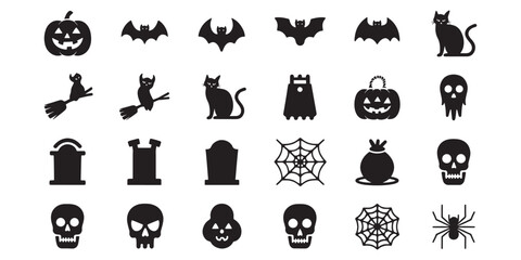 Halloween Icons Black Silhouettes on White Background