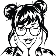 Winking girl with glasses and floral shirt, her hands touching her face in black outline