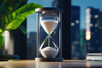 Time Management in the City - Hourglass on a table, city skyline background, concept of time and deadlines