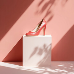 Elegant coral high-heeled shoe displayed on a minimalist white pedestal against a soft pink background with natural light and shadows, ideal for fashion and product advertising.