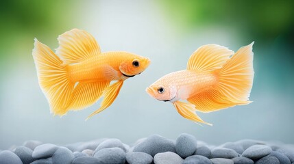 Two Golden Betta Fish Swimming Gracefully - Two elegant golden betta fish swim gracefully above smooth grey stones, set against a soft green and blue background