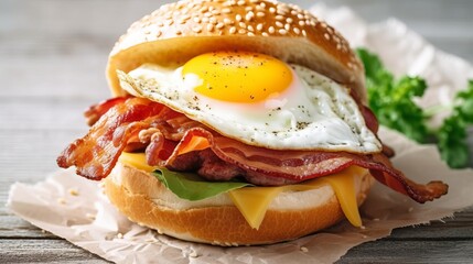 Delicious bagel with fried egg and bacon for quick lunch