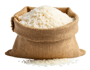  “Open Burlap Sack Overflowing with Raw White Rice, isolated on transparent background”.