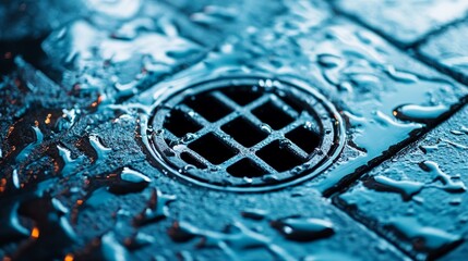 Wet Drain Grate Close Up - Close-up of a wet drain grate with water droplets on a dark blue surface