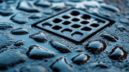 Wet Surface Drain Cover with Water Drops - Close-up view of a wet surface drain cover with water droplets. Cleanliness, drainage, infrastructure, water management, and urban environment are symbolized