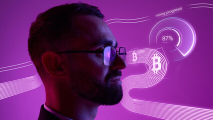 Profile view man with bitcoin mining interface on purple neon background. Concept of summer...