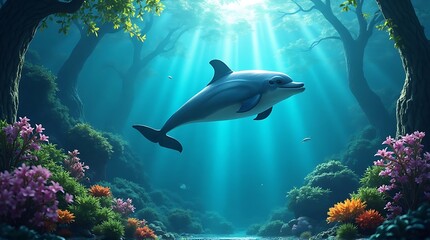 Fototapeta premium A dolphin swims gracefully in a vibrant underwater forest, illuminated by sunbeams piercing through the canopy above.