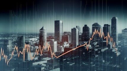 Economic crisis concept shown by declining graphs and digital indicators overlap modernistic city background 