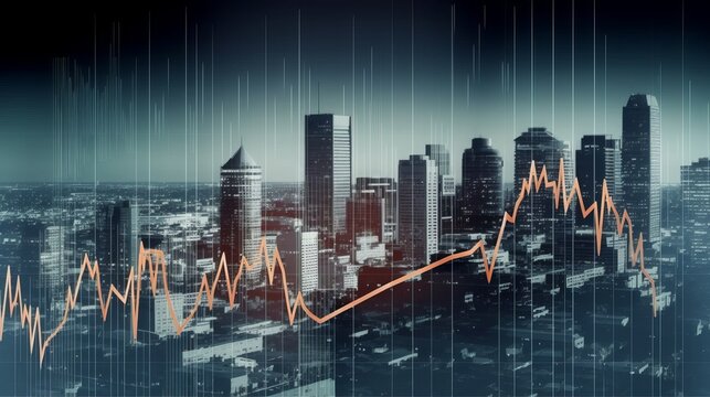 Economic crisis concept shown by declining graphs and digital indicators overlap modernistic city background  - Powered by Adobe