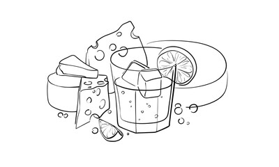 Wine with cheese, continious line drawing. Cheese and lime outline. Vector illustration