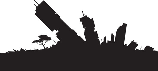 Silhouette of a Destroyed Cityscape with a Lone Tree Against a Transparent Background