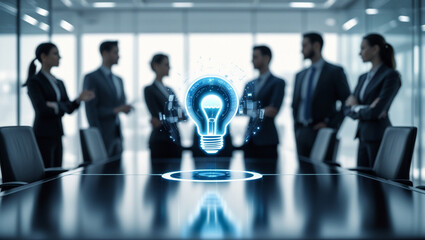 Futuristic Business Meeting with Holographic Light Bulb Idea Display in Modern Office