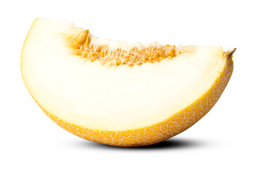 Photo of cut off slice of round yellow ripe tasty natural organic melon isolated on white background
