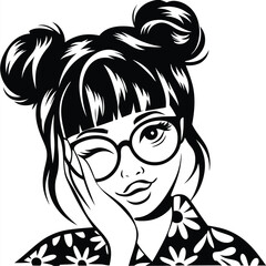 Winking girl wearing glasses and floral shirt with space buns is posing playfully
