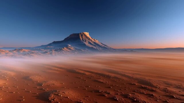 Majestic mountain rises above a vast desert landscape at sunrise.
