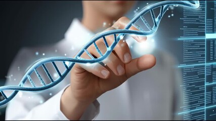 A hand gently holds a glowing digital DNA double helix, symbolizing genetic research or biotechnology innovation. - Powered by Adobe