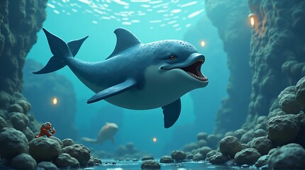 Fototapeta premium A smiling dolphin swims through an underwater cave, illuminated by light.