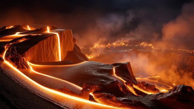 Dramatic volcanic landscape with rivers of glowing lava, a powerful natural spectacle.