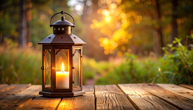 Rustic lantern on wooden planks, warm sunlight