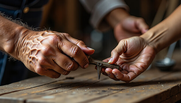 Two hands exchanging a caliper while working on woodworking project  