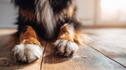 Obraz premium Close-up view of a dog's paws on a wooden floor.