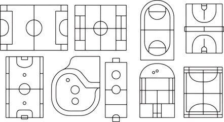Assorted Sports Field Outlines for Various Games and Activities on a Transparent Background