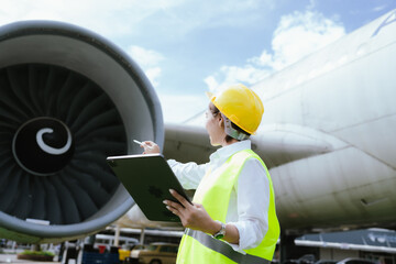 A female aviation engineer in a safety helmet and reflective vest inspects an aircraft engine using a digital tablet, ensuring safety, maintenance, and operational efficiency at the airport.