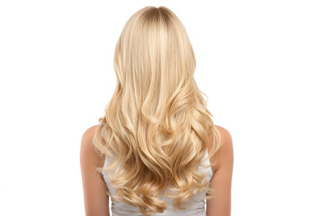 Naklejka premium A woman with long blonde wavy hair is seen from behind against a white background in a studio shot .
