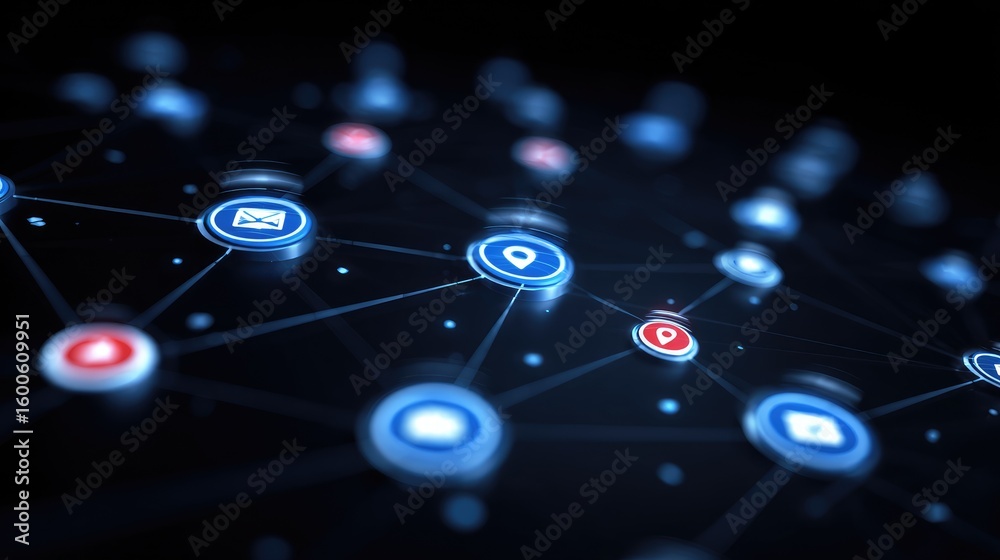 Poster affiliate network data nodes connected through digital wires and floating seo icons on tech backgrou