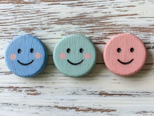 Three painted wooden circles with happy smiling faces on them