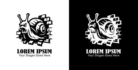 Logo design in the form of a snail destroying a wall in anger