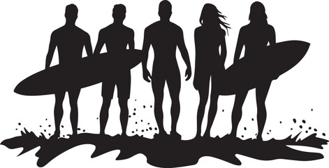 Group Surfing Pose Multiple surfers standing together, boards in hand, ready to enter the water. full length silhouette black vector illustration