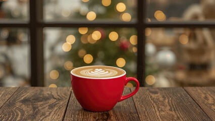 Coffee with latte art served in a crimson mug on a wooden surface with a blurred outdoor view through the window