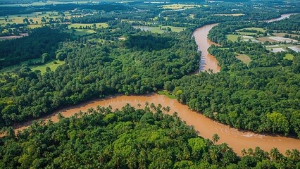 Bird's-eye view of bright rivers cutting through thick forest and open fields